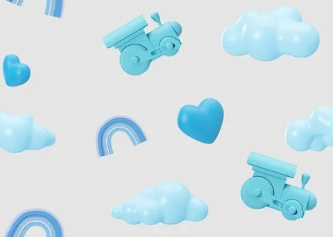 Gray seamless pattern with blue trains, hearts, clouds. Applicable for fabric 스톡 일러스트