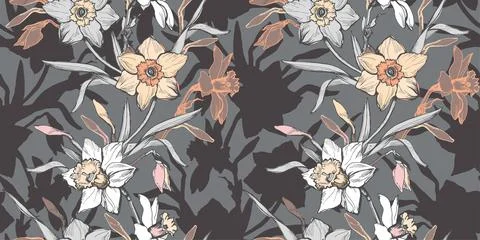 Gray seamless pattern with ink hand drawn flowers daffodils, narcissus. Illustrazione stock