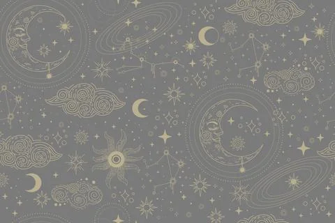 Gray seamless pattern with star constellations and clouds 스톡 일러스트