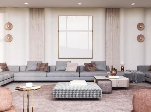 Gray sectional sofa and large picture frame mockup in minimalism living room Illustrazione stock