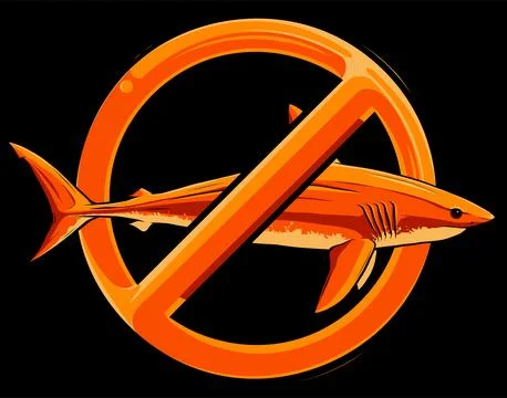 Gray shark with prohibitory sign vector illustration on black background Stock Illustration