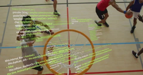 Gray-shirted contesting rebound to score as scrolling code and red-shirted Stock Footage 314741170