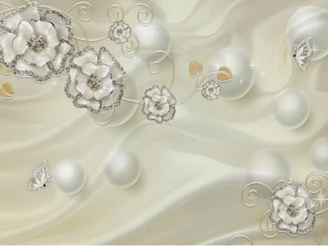 Gray silk background, balls, silvery ornamental flowers, silvery butterflies Stock Illustration