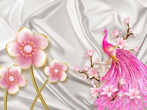 Gray silk background, bright pink peacock, delicate pink flowers Stock Illustration