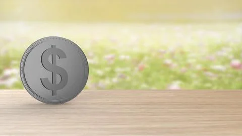 Gray silver dollar coin Isolated on blur field of flowers background. 3d rend Illustrazione stock