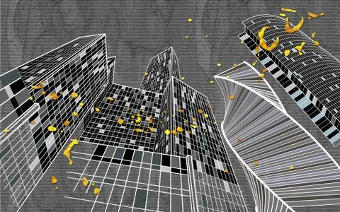 Gray skyscrapers on a gray background, bottom view, yellow spots Stock Illustration