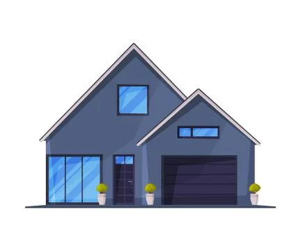 Gray Small Cottage Facade with Garage, City or Country Street Building Ilustración de archivo
