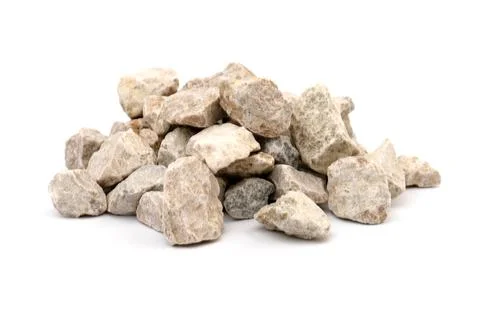 Gray small rocks ground texture isolated on white background. Small road ston Stock-Fotos