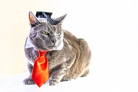Gray smart cat in a wizard's hat and a red tie like Trump Diplomatic relation Stock Photos