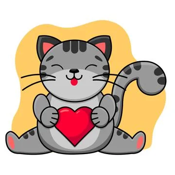 A gray smiling cat holds a red heart in its paws. Childrens print. Vector Illustrazione stock
