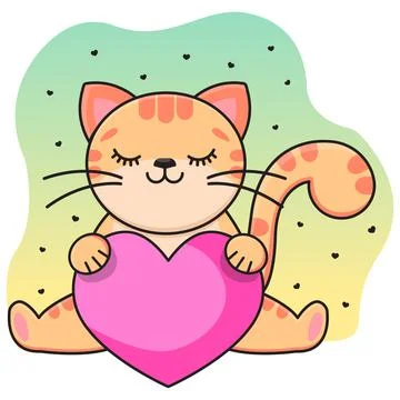 A gray smiling cat holds a red heart in its paws. Childrens print. Vector Illustrazione stock