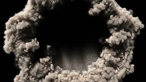 Gray smoke explodes in a circle and slowly fills the black screen space. View of Stock Footage 168596405