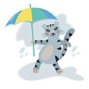 Gray smoky kitten with an umbrella walks in rainy summer weather. The concept Stock Illustration
