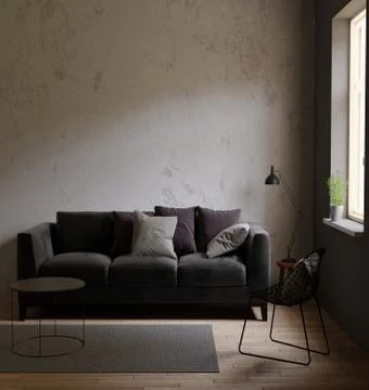 Gray sofa in a dark room the bright light from eternal light, carpet,black ta Stock Photos