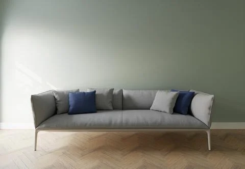 Gray sofa in the interior, with free space on the wall. 3d rendering Stock-Illustration