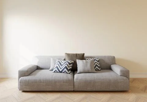 Gray sofa in the interior, with free space on the wall. 3d rendering Иллюстрация