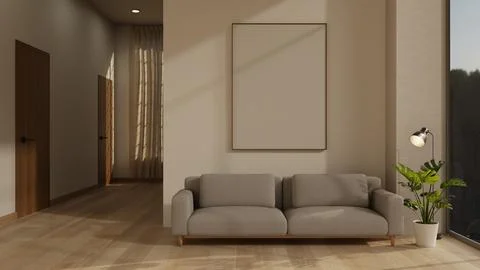 Gray sofa under blank frame on white wall with plant, floor lamp and hallwa.. Stock Illustration