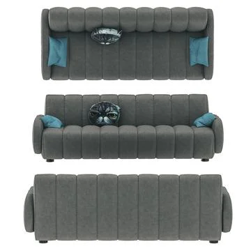 Gray soft sofa with pillows in three different angles on a white background. 3d Stock Illustration