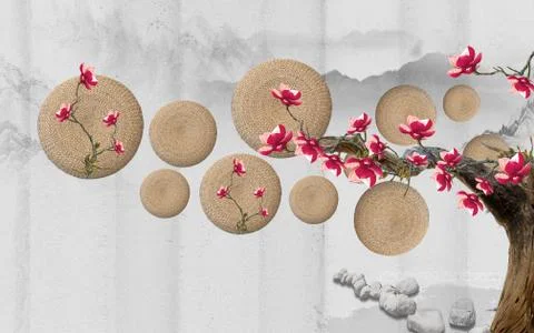 Gray spotted background, wicker circles, red flowers on curved branches Stock Illustration
