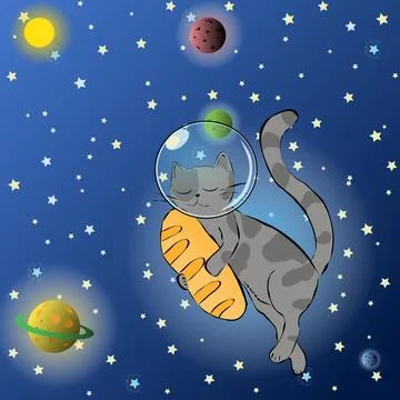 Gray spotted cat in space clings to a loaf of bread and hovers happy and Stock Illustration