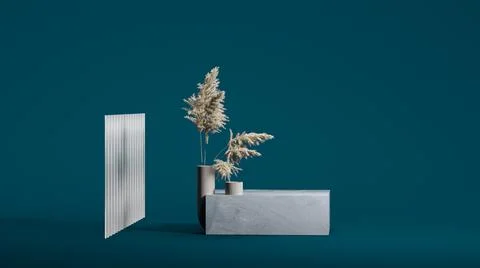Gray stage with dry plants on the pale blue background. Minimal design. 3d Stock Illustration