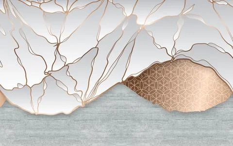 Gray stone background, abstract white waves with beige outlines, snowflakes Stock Illustration