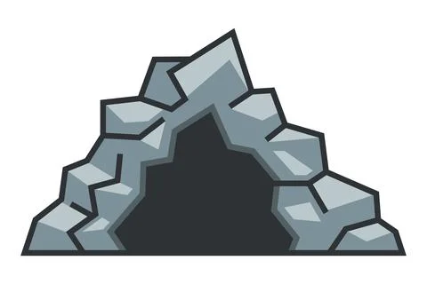 Gray stone mountain with a dark deep cave. Illustrazione stock