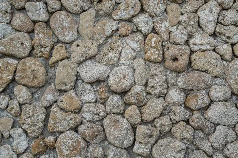 Gray stone wall background, rounded beige stones Stock Photos