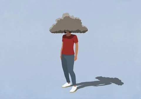 Gray storm cloud covering head of depressed woman against blue background Stock Illustration