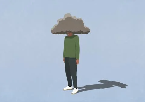 Gray storm cloud covering head of depressed man on blue background Stock Illustration