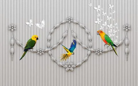 Gray striped background, bright parrots, white paper butterflies Stock Illustration