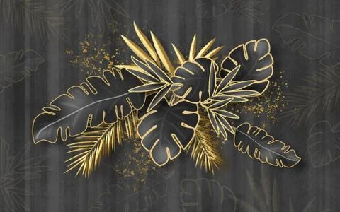 Gray striped background, composition of gray and beige tropical leaves Stock Illustration