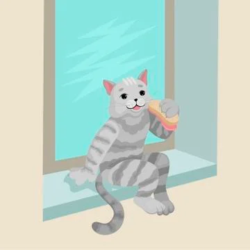 A gray striped cat is sitting on the windowsill. Eats a sandwich. Vector イラスト素材