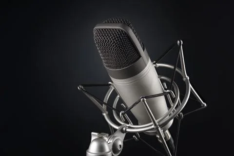 Gray studio condenser microphone on black background Stock Photos