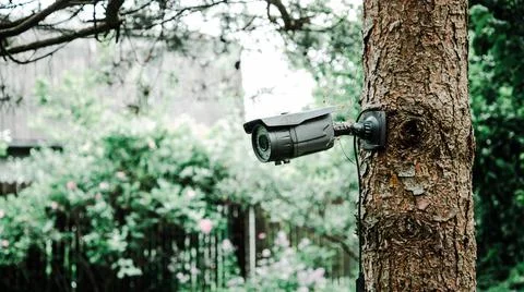 Gray surveillance camera hanging on a tree in the garden Stock Photos