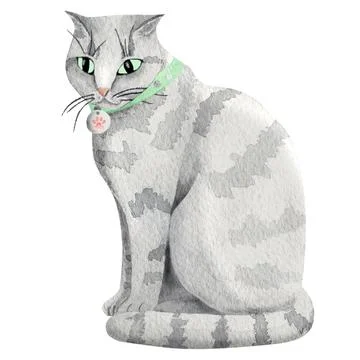 A gray tabby cat sits in a cute collar adorned with a cat's paw, watercolor.. Stock Illustration