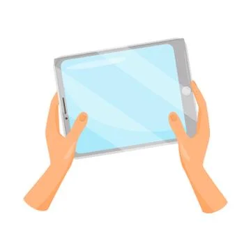 Gray tablet computer in human hands. Gadget with blue touch screen. Electronic Stock Illustration