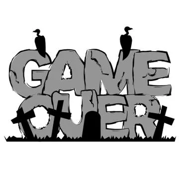 Gray text 'Game over' with graves and vultures Stock Illustration