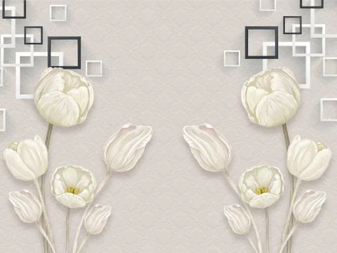 Gray textural background, large white tulips, rectangular frames Stock Illustration