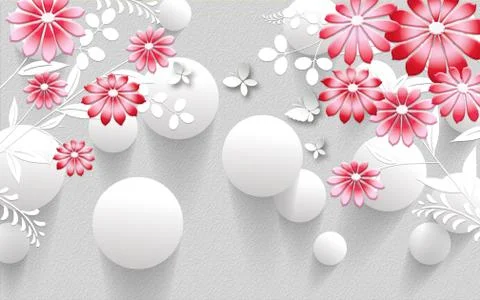 Gray textural background, white balloons, red flowers, white paper butterflies Stock Illustration