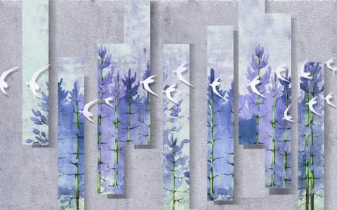 Gray texture background, floral modular panel, flock of white birds Illustrazione stock