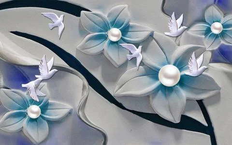 Gray texture background, large blue ceramic flowers with pearls, white doves Stock Illustration