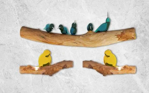 Gray texture background, polygonal branches, abstract green and yellow birds Stock Illustration