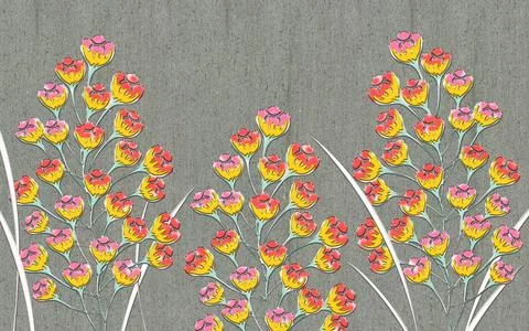 Gray textured background, abstract bright yellow-red and yellow-pink flowers Stock Illustration