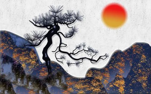 Gray textured background, abstract mountains, large black pine, sunset Stock Illustration