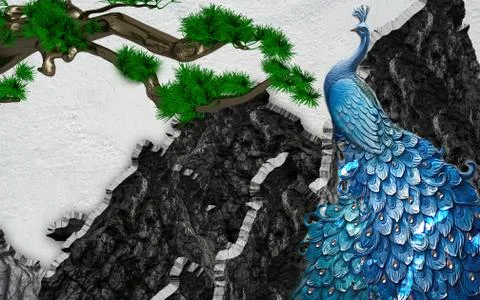 Gray textured background, black rock, large blue peacock, pine branch Stock Illustration