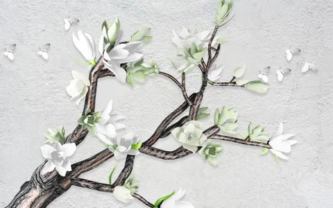 Gray textured background, branch with white flowers, white paper butterflies Stock Illustration