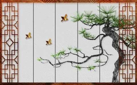Gray textured background, curved pine, golden abstract birds, brown lattice Stock Illustration