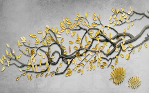 Gray textured background, dark gray curved tree branch with yellow leaves Stock Illustration