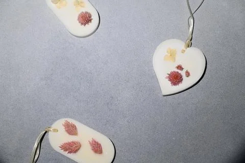 Gray Textured Background. Flat Lay Florentine Sachet Handcrafted in Different Stock Photos